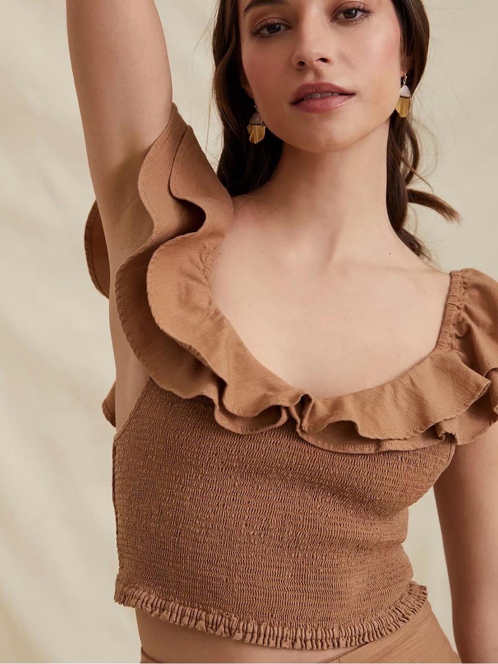 ⚡️NWT Anthropology Maeve Ruffle Smocked Crop Top - Brown